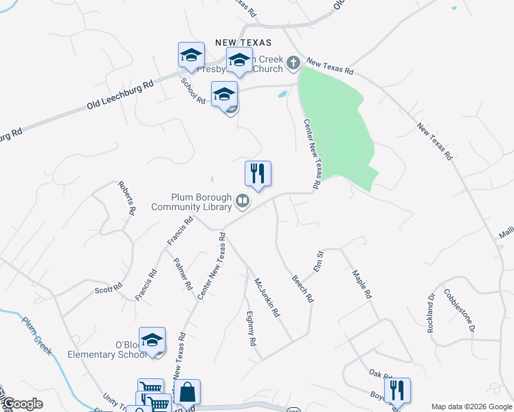 map of restaurants, bars, coffee shops, grocery stores, and more near 440 Center New Texas Road in Plum