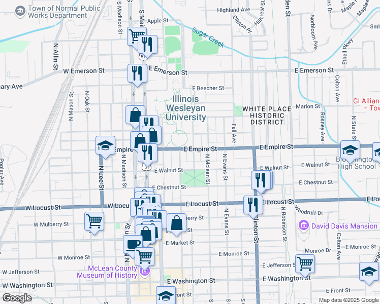 map of restaurants, bars, coffee shops, grocery stores, and more near 1014 Park Street in Bloomington