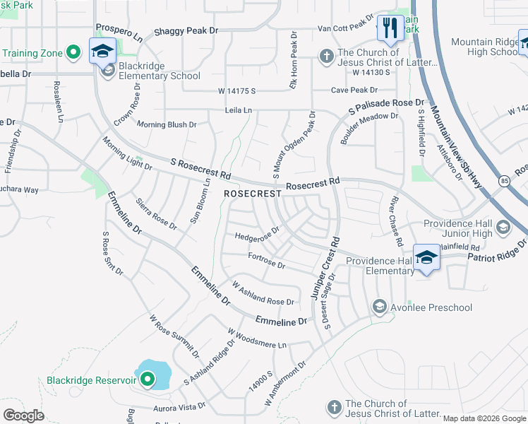 map of restaurants, bars, coffee shops, grocery stores, and more near 14492 Windom Road in Herriman