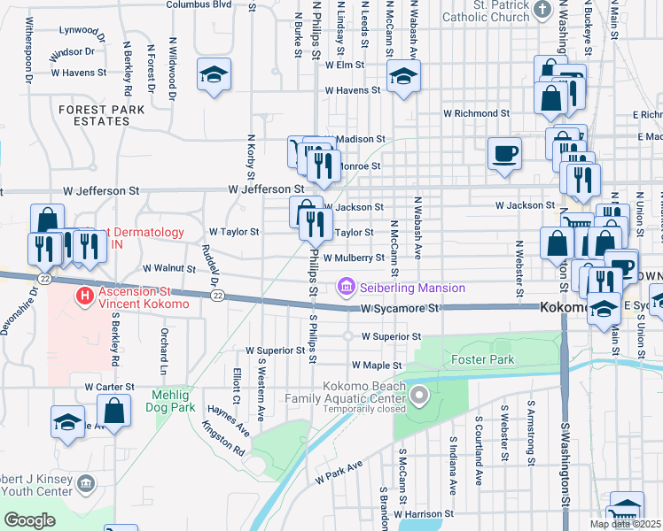 map of restaurants, bars, coffee shops, grocery stores, and more near 1219 W Mulberry St in Kokomo