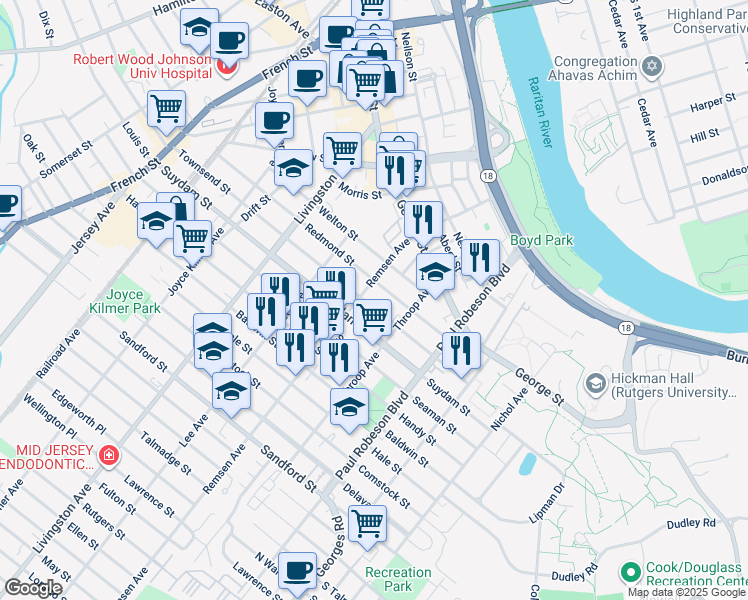 map of restaurants, bars, coffee shops, grocery stores, and more near 151 Townsend Street in New Brunswick