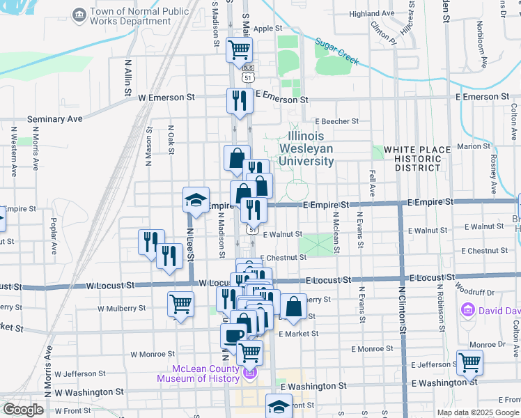 map of restaurants, bars, coffee shops, grocery stores, and more near 915 North Main Street in Bloomington