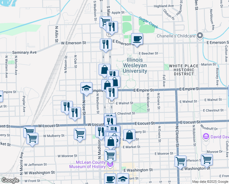 map of restaurants, bars, coffee shops, grocery stores, and more near 915 North Main Street in Bloomington