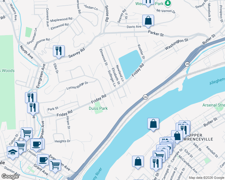 map of restaurants, bars, coffee shops, grocery stores, and more near 427 Friday Road in Pittsburgh