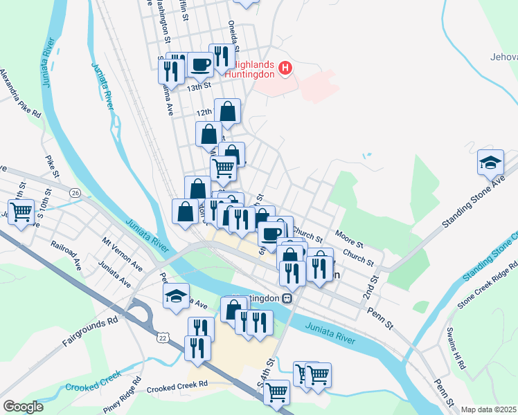 map of restaurants, bars, coffee shops, grocery stores, and more near 508 7th St in Huntingdon