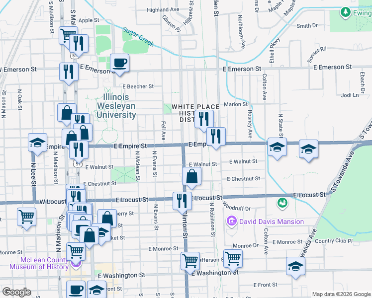 map of restaurants, bars, coffee shops, grocery stores, and more near 1009 North Clinton Street in Bloomington