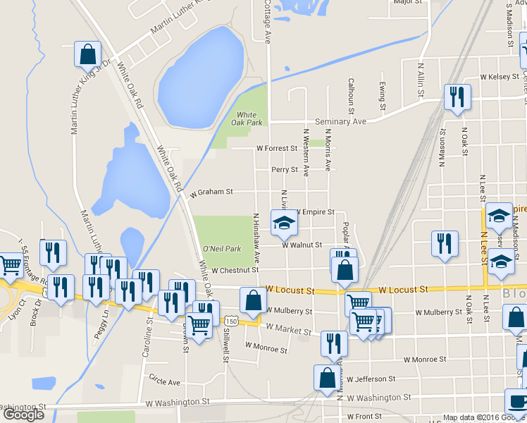 map of restaurants, bars, coffee shops, grocery stores, and more near 1101 N Hinshaw Ave in Bloomington