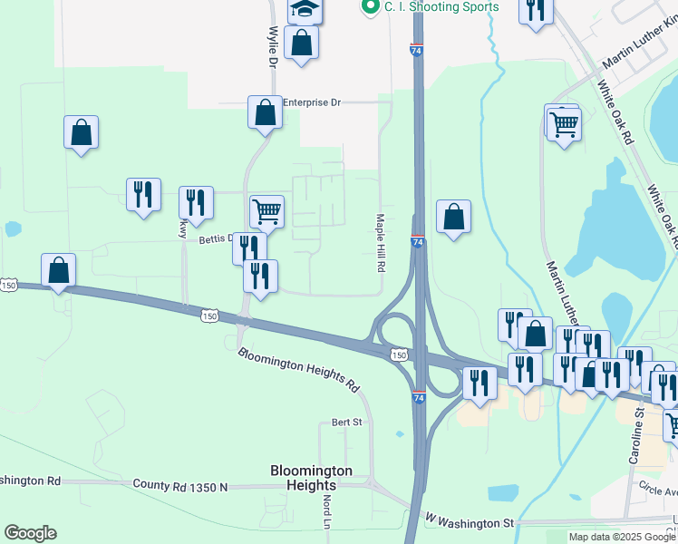 map of restaurants, bars, coffee shops, grocery stores, and more near 112 Masters Drive in Bloomington