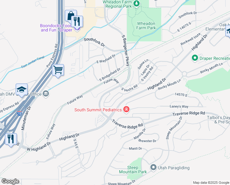 map of restaurants, bars, coffee shops, grocery stores, and more near Bangerter Pkwy in Draper
