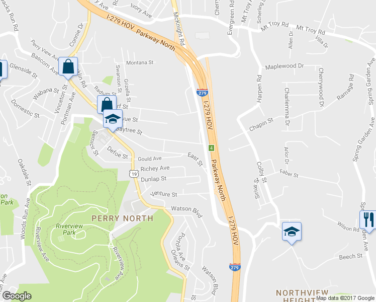 map of restaurants, bars, coffee shops, grocery stores, and more near 3716 East Street in Pittsburgh