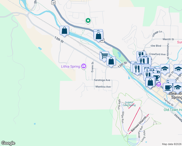 map of restaurants, bars, coffee shops, grocery stores, and more near 642 Evans Street in Steamboat Springs