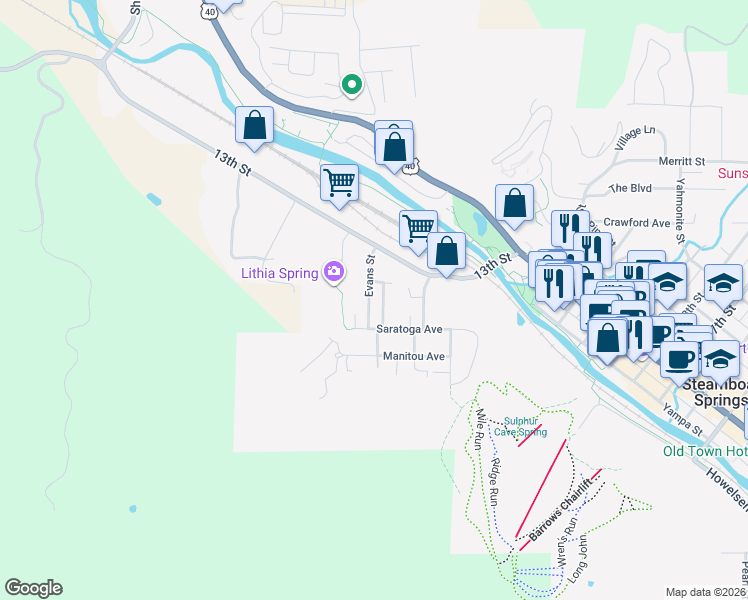 map of restaurants, bars, coffee shops, grocery stores, and more near 642 Evans Street in Steamboat Springs