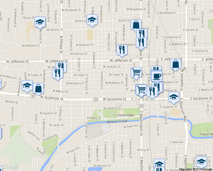 map of restaurants, bars, coffee shops, grocery stores, and more near 705 West Mulberry Street in Kokomo