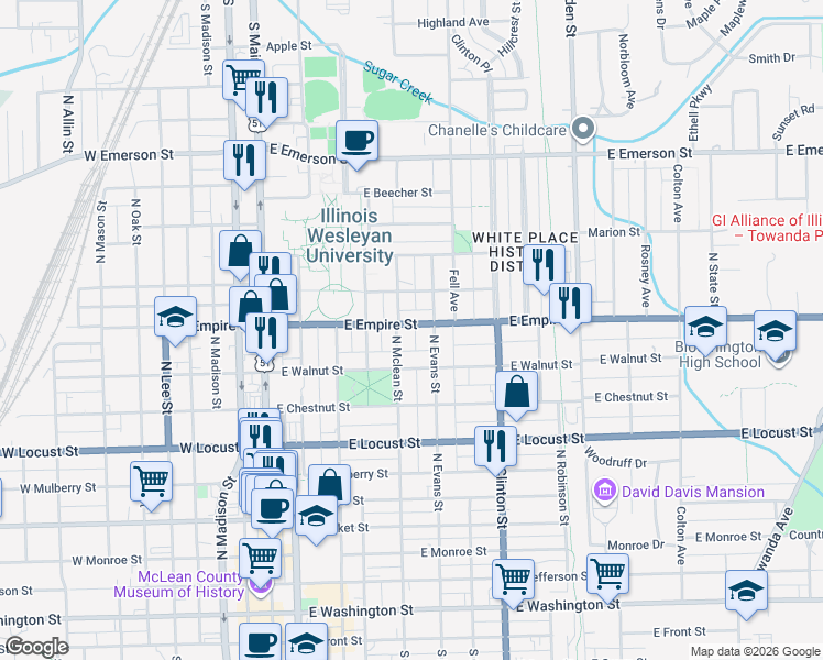 map of restaurants, bars, coffee shops, grocery stores, and more near 1016 North Evans Street in Bloomington