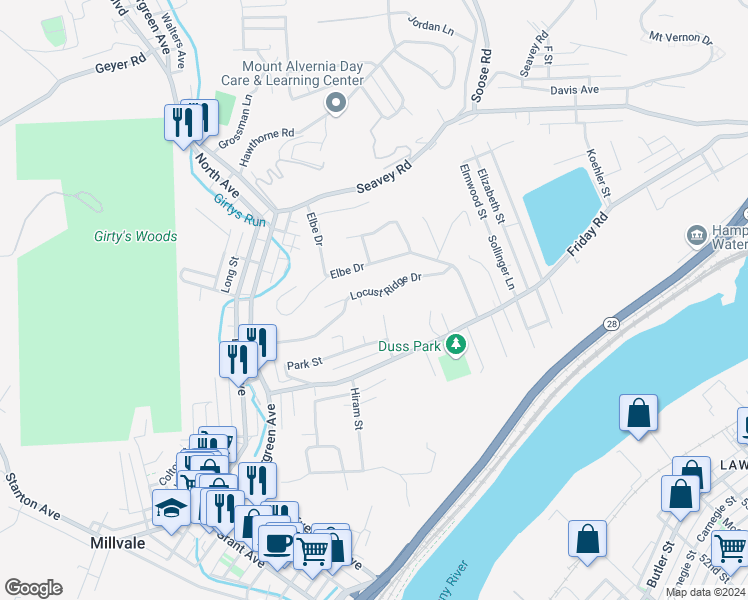 map of restaurants, bars, coffee shops, grocery stores, and more near 743 Locust Ridge Drive in Pittsburgh