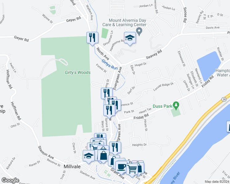 map of restaurants, bars, coffee shops, grocery stores, and more near 726 Evergreen Road in Pittsburgh
