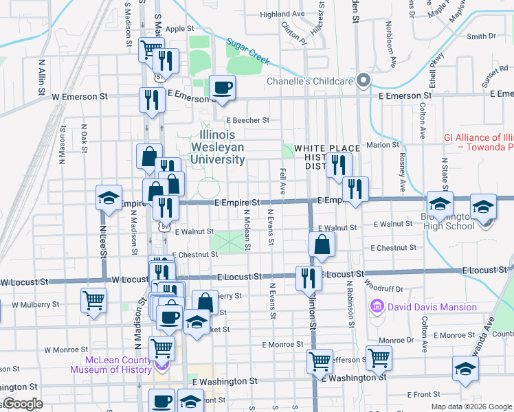 map of restaurants, bars, coffee shops, grocery stores, and more near 1016 North Evans Street in Bloomington