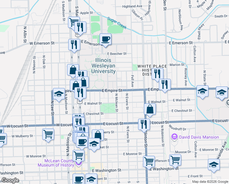 map of restaurants, bars, coffee shops, grocery stores, and more near 1014 North Mclean Street in Bloomington