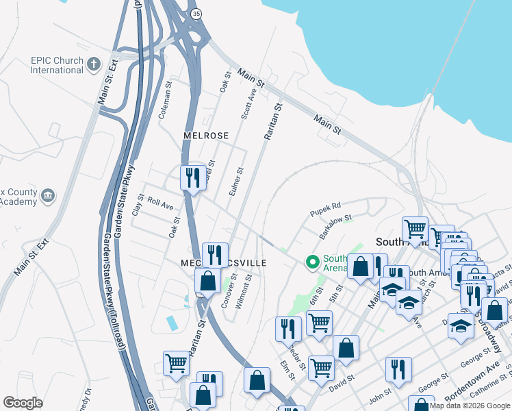 map of restaurants, bars, coffee shops, grocery stores, and more near 272 Conover Street in South Amboy