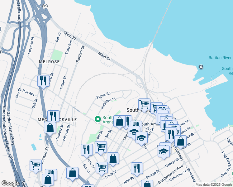 map of restaurants, bars, coffee shops, grocery stores, and more near 63 Pupek Road in South Amboy