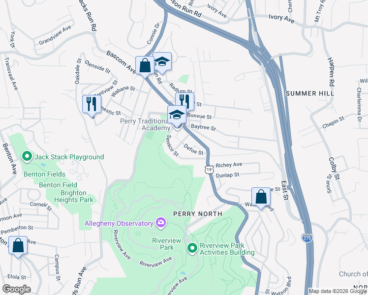 map of restaurants, bars, coffee shops, grocery stores, and more near 57 Defoe Street in Pittsburgh