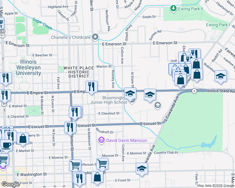 map of restaurants, bars, coffee shops, grocery stores, and more near 913 E Empire St in Bloomington
