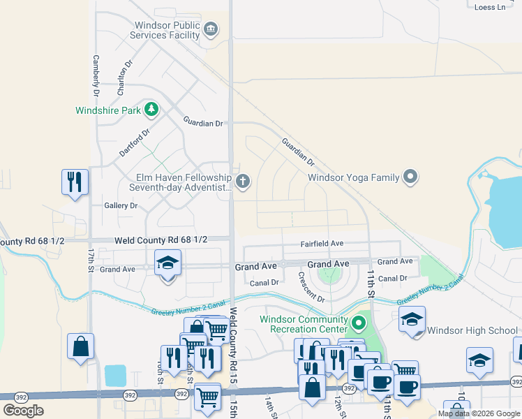 map of restaurants, bars, coffee shops, grocery stores, and more near 33660 County Road 15 in Windsor