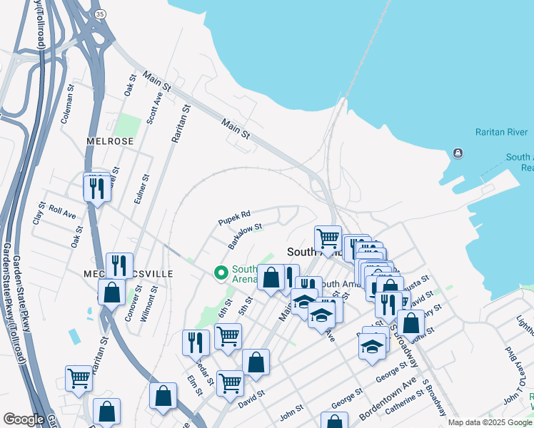 map of restaurants, bars, coffee shops, grocery stores, and more near 63 Pupek Road in South Amboy