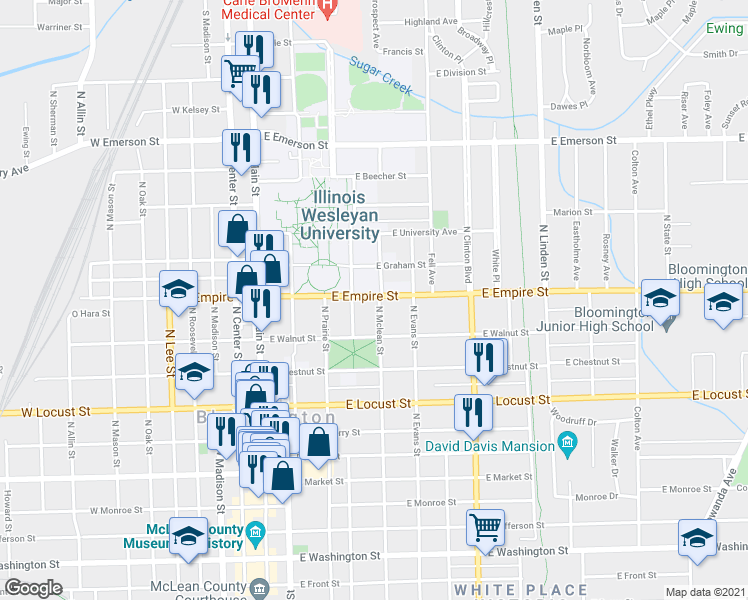 map of restaurants, bars, coffee shops, grocery stores, and more near 1014 North Mclean Street in Bloomington