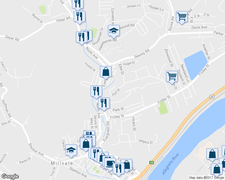 map of restaurants, bars, coffee shops, grocery stores, and more near 124 Dorf Dr in Pittsburgh