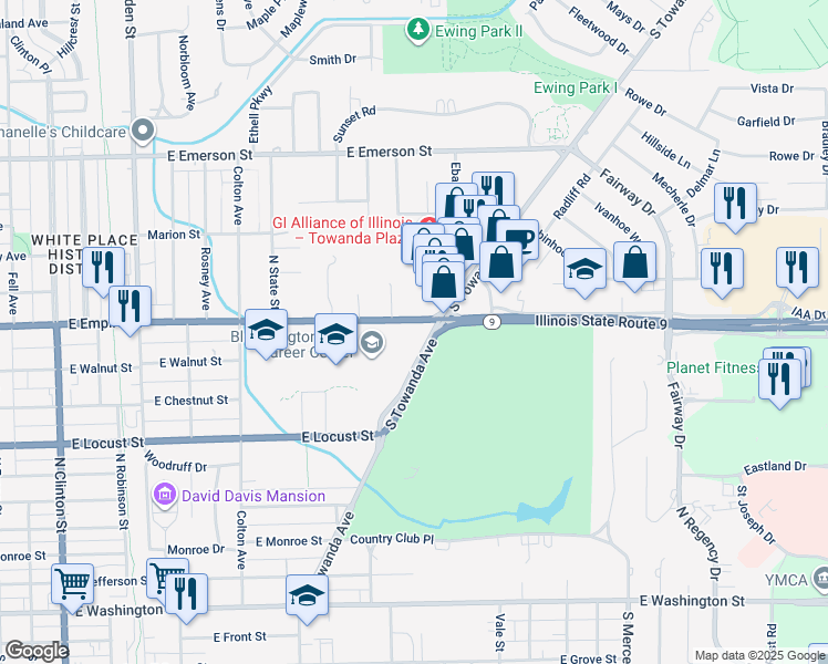 map of restaurants, bars, coffee shops, grocery stores, and more near 1239 E Empire St in Bloomington