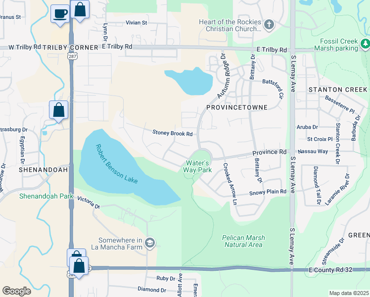 map of restaurants, bars, coffee shops, grocery stores, and more near 633 Sparrow Place in Fort Collins