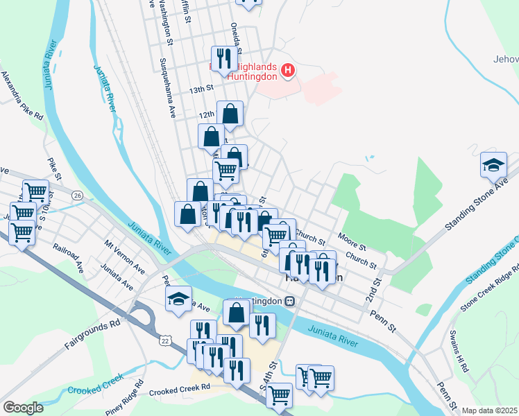 map of restaurants, bars, coffee shops, grocery stores, and more near 512 7th Street in Huntingdon