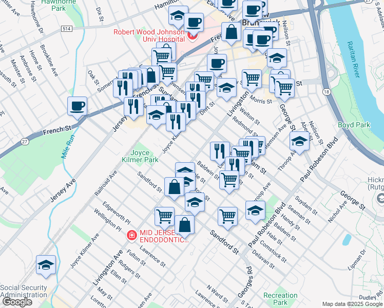 map of restaurants, bars, coffee shops, grocery stores, and more near in New Brunswick