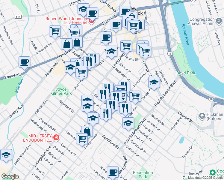 map of restaurants, bars, coffee shops, grocery stores, and more near 203 Seaman Street in New Brunswick