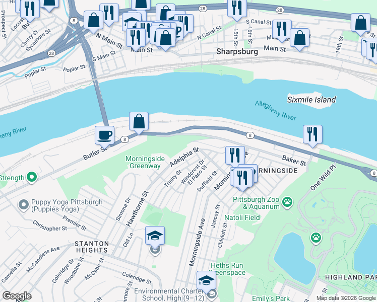 map of restaurants, bars, coffee shops, grocery stores, and more near 6513 Adelphia Street in Pittsburgh