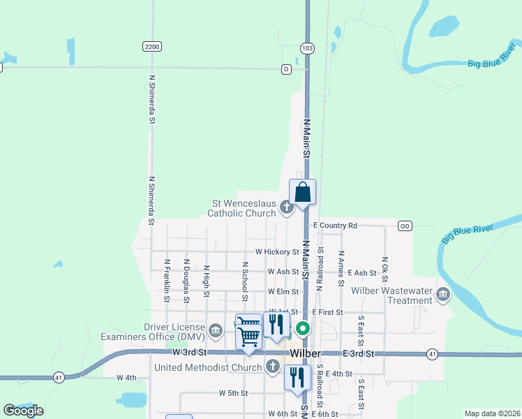 map of restaurants, bars, coffee shops, grocery stores, and more near 519 North Harris Street in Wilber