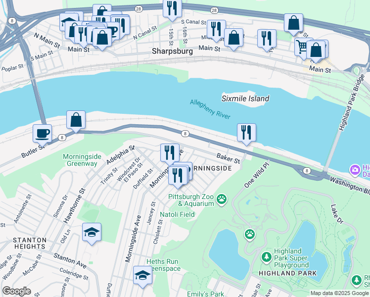 map of restaurants, bars, coffee shops, grocery stores, and more near 1853 Morningside Avenue in Pittsburgh