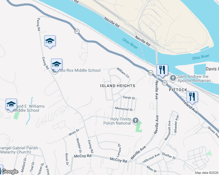 map of restaurants, bars, coffee shops, grocery stores, and more near 115 William Circle in McKees Rocks