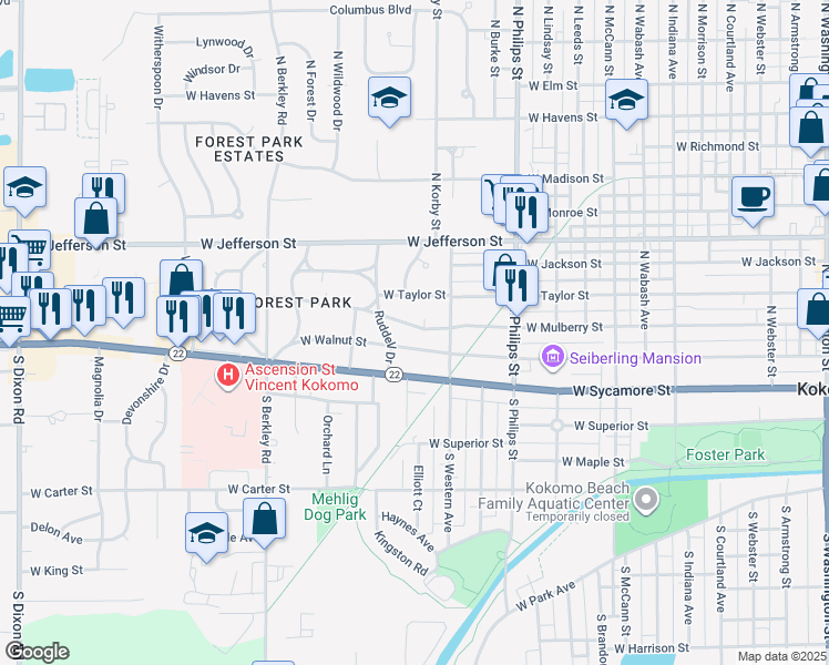 map of restaurants, bars, coffee shops, grocery stores, and more near 1541 West Mulberry Street in Kokomo