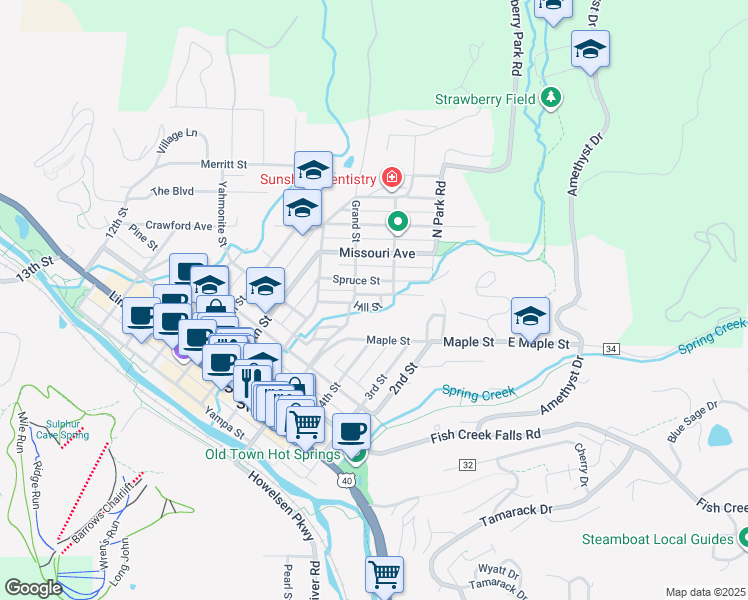 map of restaurants, bars, coffee shops, grocery stores, and more near 134 Hill Street in Steamboat Springs