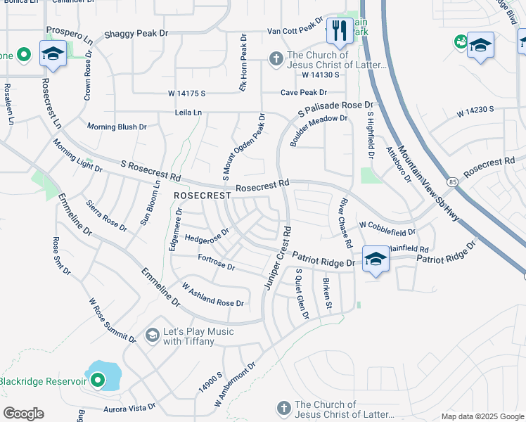 map of restaurants, bars, coffee shops, grocery stores, and more near 14491 Boulder Crest Drive in Herriman