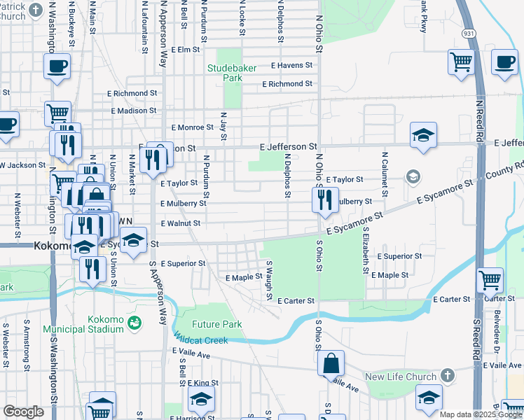 map of restaurants, bars, coffee shops, grocery stores, and more near 929 East Mulberry Street in Kokomo