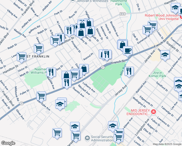 map of restaurants, bars, coffee shops, grocery stores, and more near 3 Alfred Avenue in Franklin Township