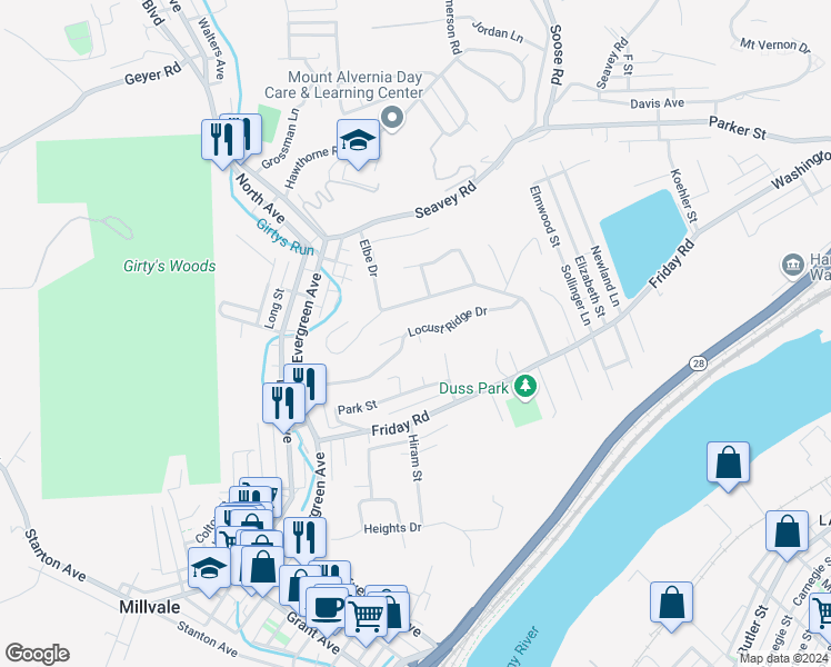 map of restaurants, bars, coffee shops, grocery stores, and more near 743 Locust Ridge Drive in Pittsburgh
