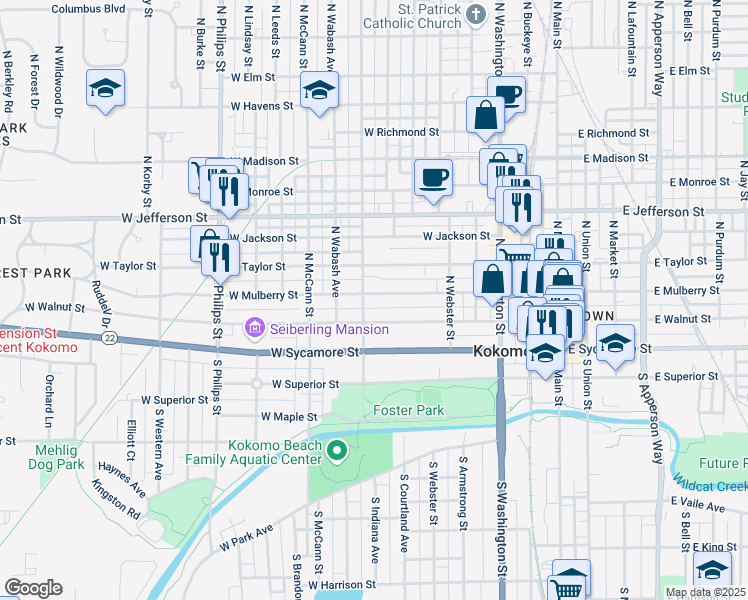 map of restaurants, bars, coffee shops, grocery stores, and more near 709 West Mulberry Street in Kokomo