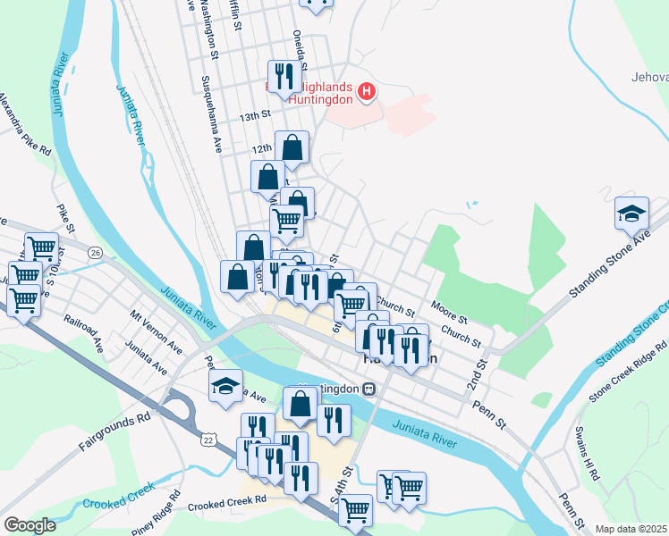 map of restaurants, bars, coffee shops, grocery stores, and more near 512 7th Street in Huntingdon