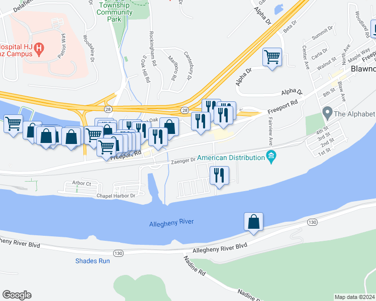 map of restaurants, bars, coffee shops, grocery stores, and more near 1310 Old Freeport Road in Pittsburgh