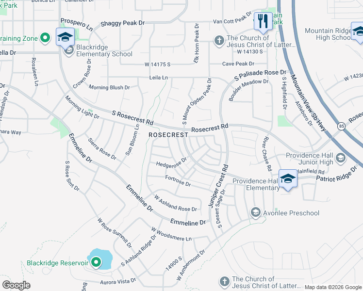 map of restaurants, bars, coffee shops, grocery stores, and more near 14492 Windom Road in Herriman