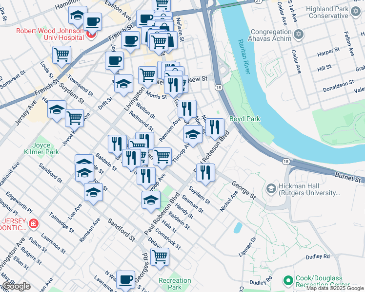 map of restaurants, bars, coffee shops, grocery stores, and more near 27 Throop Avenue in New Brunswick